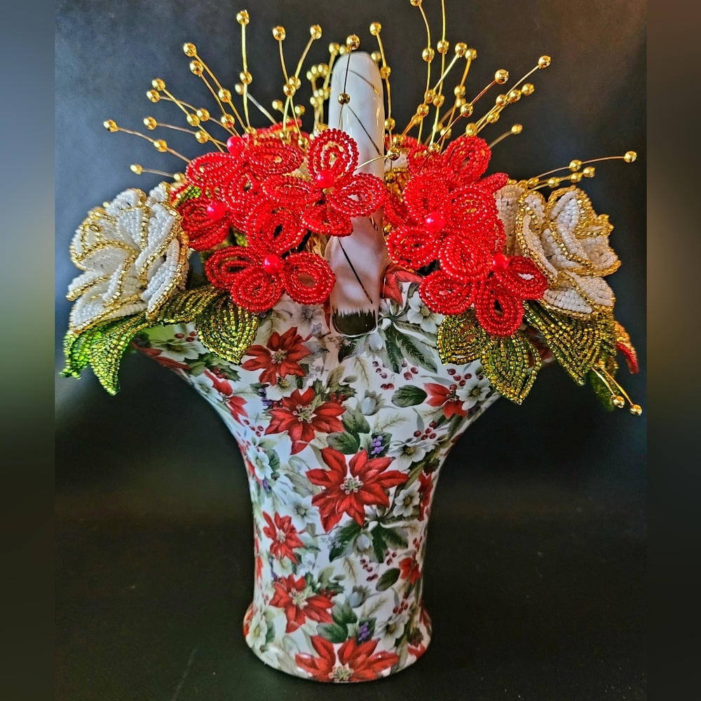 Vintage Christmas Vase filled with French Beaded Flowers